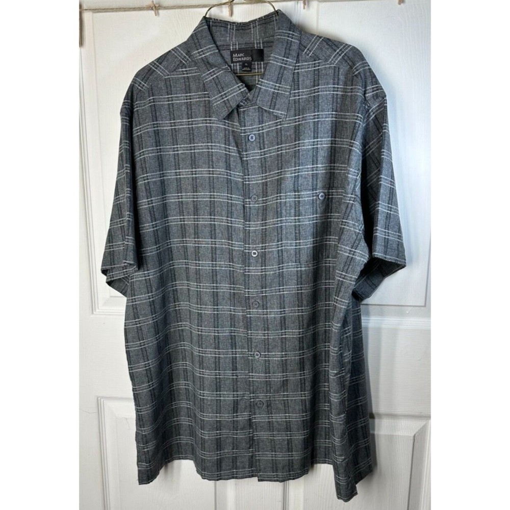 Mark Edwards Button-Up Shirt Men's XL Charcoal Plaid Short Sleeved 100% Poly